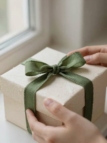 Hands carefully wrapping a small wooden box in textured cream paper, tied with a simple forest green linen ribbon, soft natural light, muted earthy tones.