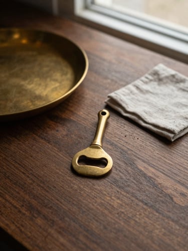 Overhead shot of a solid brass bottle opener, a heavy brass tray, and a linen coaster resting on a dark walnut table, soft side window light, rich tactile textures, warm editorial photography.