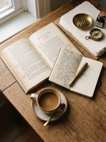 Overhead flat-lay of a warm wooden desk with open books, a ceramic coffee cup casting soft shadows, brass objects, and heavy paper under warm morning window light, 35mm