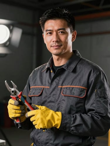 Environmental portrait of a confident electrician in a dark charcoal work shirt with safety gear, holding tools, dramatic industrial lighting, high contrast