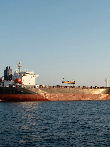 Wide-angle side view of a modern double-hull tanker vessel docked at an industrial port terminal, loading arms connected, crisp daylight, 35mm
