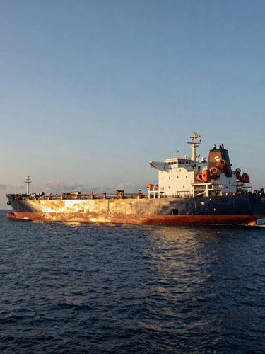 Wide-angle editorial maritime photography of a modern double-hull tanker vessel sailing through calm Indonesian waters during golden hour, deep ocean navy tones, sharp industrial details, 35mm