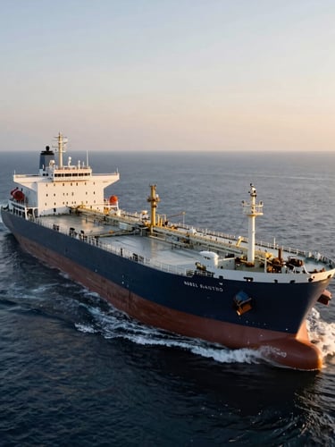 Wide-angle heroic view of a modern double-hull oil tanker navigating calm deep ocean waters during early morning golden hour, sharp industrial details, 35mm photography