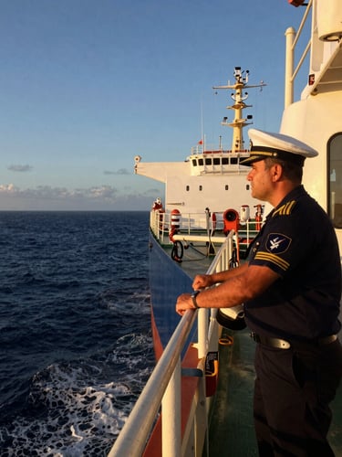 A professional ship captain on the bridge of a modern tanker vessel, dramatic early morning golden hour light, deep ocean navy tones, looking out through the window, sharp detail, wide-angle lens, 35mm