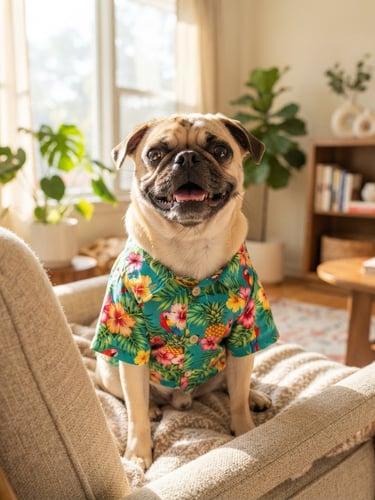A joyful pug wearing a colorful custom-tailored tropical shirt, sitting comfortably in a bright sunlit living room, eye-level shot, warm natural photography