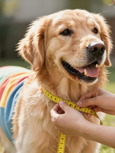 Close-up of hands gently measuring a happy golden retriever's chest with a yellow measuring tape, bright warm sunlight, soft focus, professional pet care