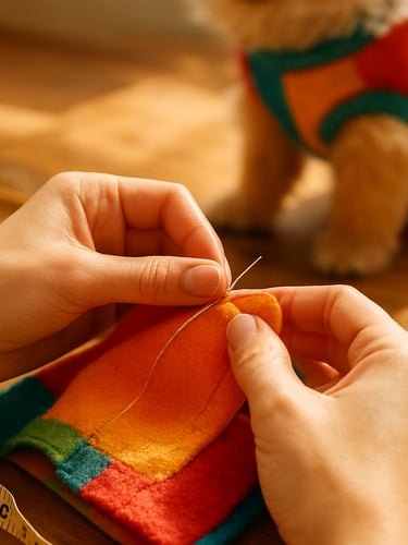 warm natural photography, close-up of hands sewing a colorful pet garment with measuring tape nearby, soft sunlight, warm tones