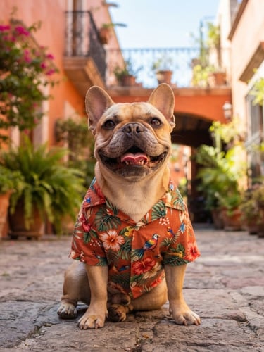 warm natural photography, bright sunlight, a happy French Bulldog wearing a vibrant terracotta tropical floral shirt, Celaya courtyard background, shallow depth of field, 35mm
