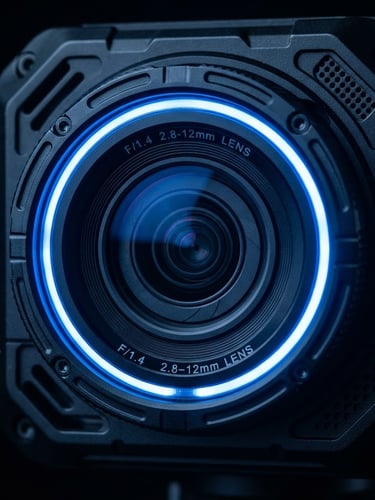 Macro close-up of a high-end IP camera lens with sharp electric blue LED ring light, technical geometric lines, dark high-contrast technology photography, 35mm