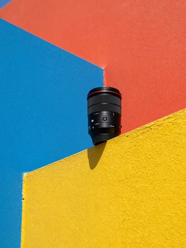 Vibrant commercial product photography, sharp architectural angles, hard direct sunlight, high-contrast saturated colors, 35mm lens
