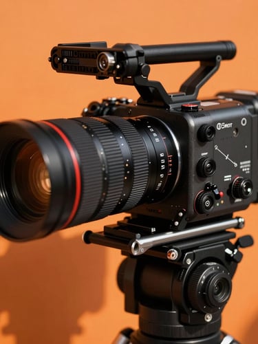 Dynamic close-up of a high-end commercial camera rig under hard direct sunlight, sharp shadows, vivid orange backdrop, 35mm lens