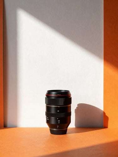 Vibrant commercial photography studio scene, hard direct sunlight casting sharp geometric shadows on a stark white wall, high-contrast saturated orange and blue accents, 35mm lens