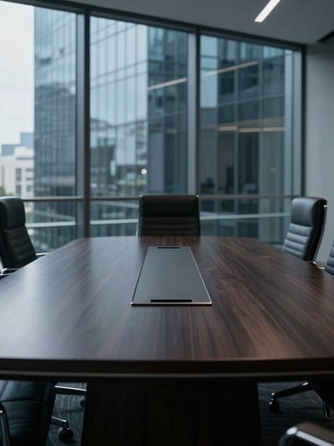 Low-key dramatic lighting of an elegant executive boardroom, polished dark wood table, leather chairs, sharp architectural glass reflections in the background, cool slate gray tones.