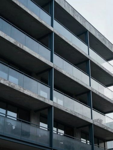 Sharp architectural detail of a modern concrete and steel residential facade in Mexico, cool daylight, clean minimalist lines, high contrast shadows.