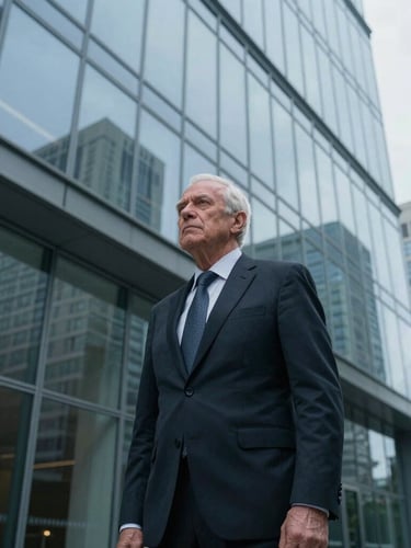 Low-angle dramatic portrait of a senior legal strategist in a sharp dark suit, standing in front of a modern glass facade with reflections of corporate buildings, cool overcast daylight, steel blue tones.