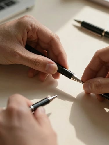 Macro close-up shot of hands organizing high-quality stationery on a warm cream desk, soft natural morning light casting delicate architectural shadows, minimalist aesthetic.