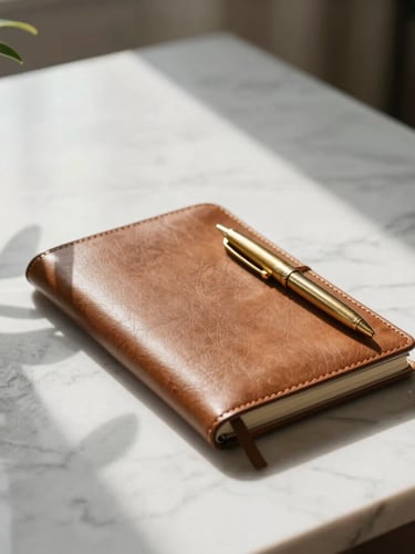 A minimalist, sunlit workspace with a clean marble desk, a closed leather notebook, a sleek brass pen, and soft shadows cast by a nearby plant.