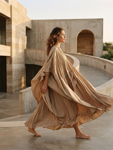 Model wearing a fluid maxi dress in soft sand color, showcasing architectural drape and movement, set against an elegant minimalist architectural backdrop, soft golden-hour sunlight, medium-long shot, 35mm, bleeding to the right edge.