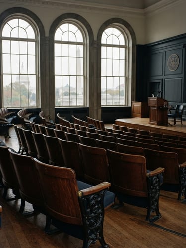 An empty high-end lecture hall in Washington D.C. with classic mahogany seating, soft overcast daylight through large arched windows, 35mm film style.