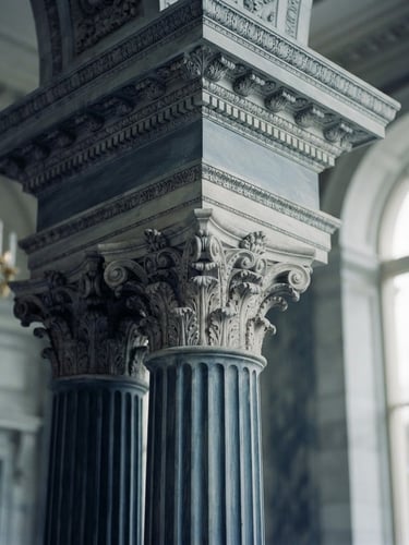 Architectural detail of a grand neo-classical diplomatic hall in Washington D.C., soft overcast daylight, muted slate and navy tones, shallow depth of field, 35mm film