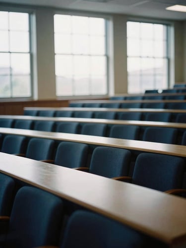 A quiet, empty high-end lecture hall in Washington D.C., soft overcast daylight streaming through large windows, editorial documentary photography style, shallow depth of field, 35mm film.