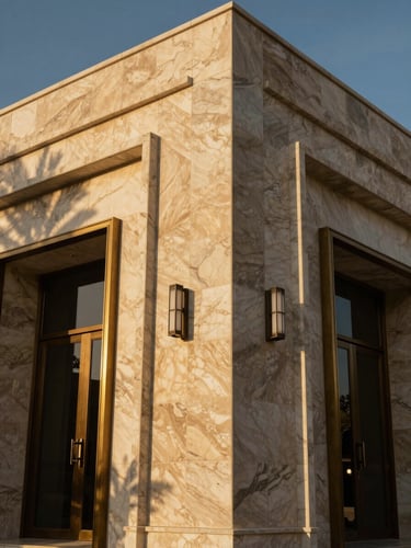 Dramatic low-angle shot of a modern limestone villa facade in Riyadh, golden hour sunlight casting deep shadows across veined marble accents, editorial architectural photography, 35mm lens.
