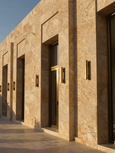 Dramatic golden-hour architectural photography of a minimalist limestone villa facade in Riyadh, sharp one-point perspective, deep shadows, brass detailing.
