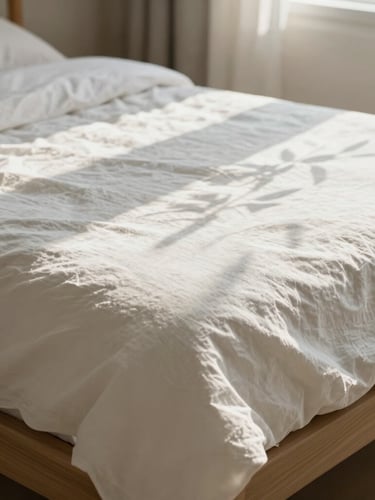 Close-up of crisp, sun-drenched white linen sheets on a low wooden bed, soft morning light casting delicate leaf shadows across the fabric, serene and tactile.