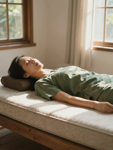 A serene middle-aged Vietnamese woman resting peacefully on a hot stone mattress, soft morning sunlight filtering through windows, warm and cozy atmosphere, earthy green tones, 35mm