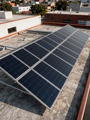 Wide environmental shot of photovoltaic solar panels mounted on a flat commercial rooftop in Guadalajara, angled slightly to show panel depth and mounting rails, afternoon daylight casting short shadows, urban surroundings visible in background