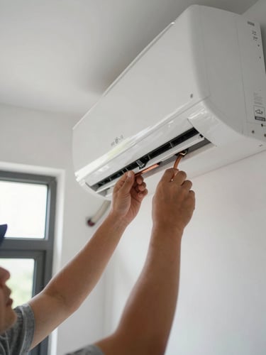 Close-angle shot of a certified technician's hands installing a split-system air conditioner unit on an interior wall, copper refrigerant lines visible, natural daylight from a nearby window, residential room in background