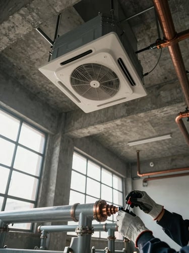 Wide shot from low angle inside a large commercial building, a ceiling-mounted industrial HVAC unit freshly installed against exposed concrete beams, morning daylight streaming through industrial windows to the left, technician's gloved hands adjusting refrigerant lines in the foreground, muted gray tones with copper pipe fittings catching the light