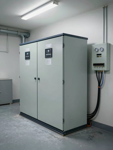 Wide environmental shot of a battery storage cabinet installed in a commercial utility room, cables routed to an inverter panel on the wall, overhead fluorescent lighting, industrial gray concrete floor, equipment labels and gauges visible on the cabinet face
