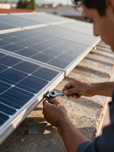 Close-angle ground-level shot of solar panel rows installed on a residential roof in Guadalajara, technician's hands visible in the foreground tightening a rail bracket with a wrench, natural afternoon daylight, concrete tiles visible at the panel edges