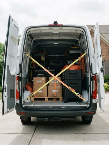 A clean, modern cargo van parked in a suburban driveway under bright overcast daylight, heavy-duty straps securing cargo inside, sharp 35mm photography.