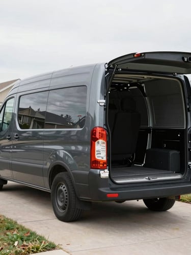 Medium environmental shot of a clean, dark charcoal cargo van parked in a suburban driveway under bright overcast daylight, tailgate open and ready for loading.