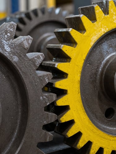 Close-up of heavy steel industrial gears with safety-yellow paint accents, sharp high-contrast warehouse lighting, gritty metallic texture.