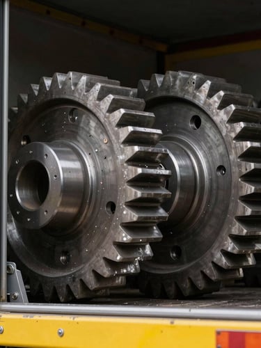 Close-up of industrial gears being loaded into a delivery truck, high-contrast sharp warehouse lighting, metallic and safety-yellow tones