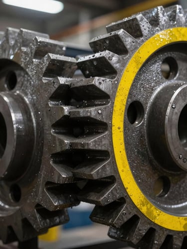 Macro shot of heavy steel industrial gears with safety-yellow paint accents, sharp warehouse lighting, gritty metallic texture, shallow depth of field