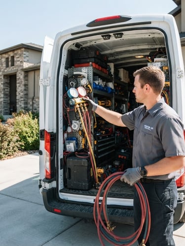 HVAC service technician loading tools into a fully stocked white service truck parked in a modern suburban Vineyard driveway during bright Utah daylight, focused on hands and tools, authentic home service.