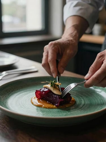A close-up of a chef's hands carefully plating a dish in a moody, Scandinavian-designed restaurant kitchen, natural window light, soft shadows.