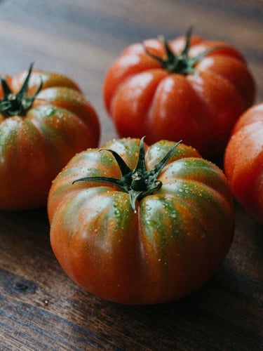 A tight macro shot of raw heirloom tomatoes on a dark wood prep table, soft Scandinavian side daylight casting deep shadows, 35mm film texture.