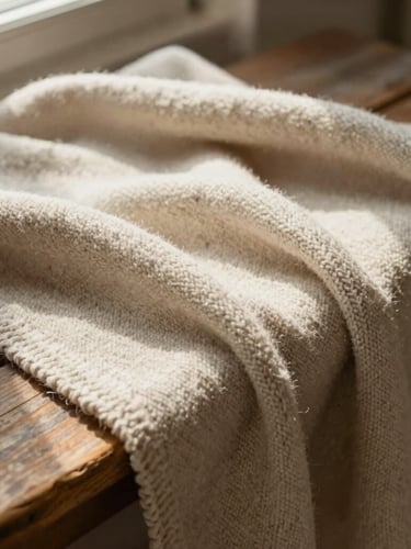 Draped un-dyed wool blanket over a worn wooden bench, warm afternoon light with soft shadows, tactile macro texture