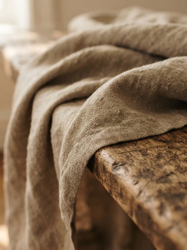 Macro close-up of heavy-weight un-dyed linen fabric draped over a worn oak bench, soft afternoon window light, warm earthy tones, shallow depth of field