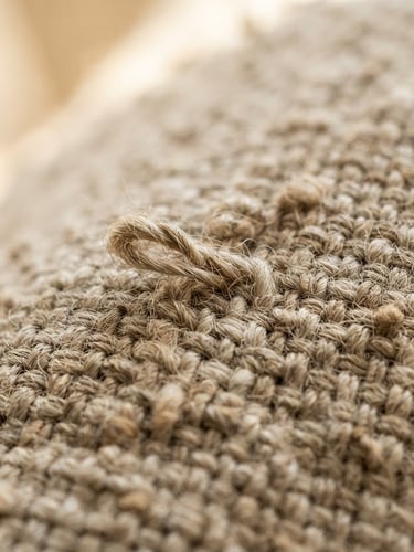 Macro photograph of heavy-weight un-dyed Belgian linen pillow cover, showing raw textured weave under soft afternoon window light, shallow depth of field
