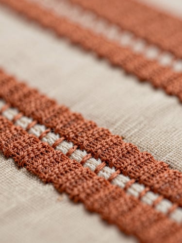 Extreme macro close-up of rich terracotta embroidery stitches layering over vibrant textile ink, showcasing physical texture and depth under soft workshop light.