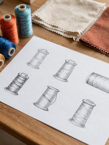 Overhead flat-lay of custom graphic sketches, colorful embroidery thread spools, and fabric swatches on a warm wooden workshop table, natural side-light.