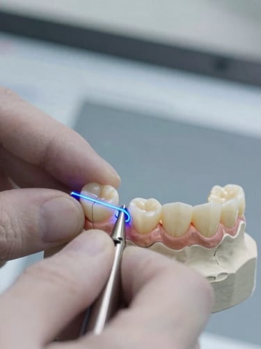 Macro shot of a dental technician designing a ceramic crown on a high-resolution CAD software interface, glowing blue lines indicating micron-level margin adjustments, sterile clinical laboratory environment.
