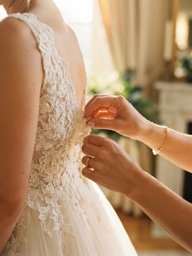 Close-up of elegant wedding dress lace being adjusted by styling hands, warm diffused golden-hour window light, soft ivory and gold tones, shallow depth of field