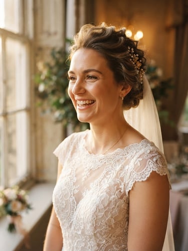 Smiling bride with elegant bridal updo and lace wedding dress standing by a window.